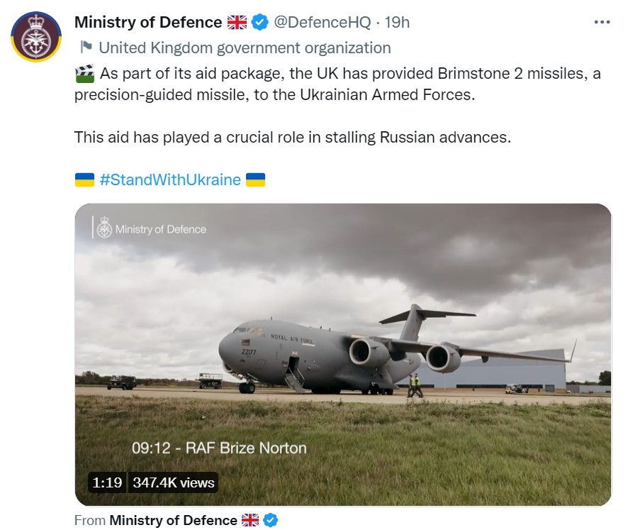 Великобритания передала Украине новую партию высокоточных ракет Brimstone-2