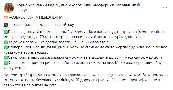 Скриншот из Фейсбука Чернобыльского заповедника