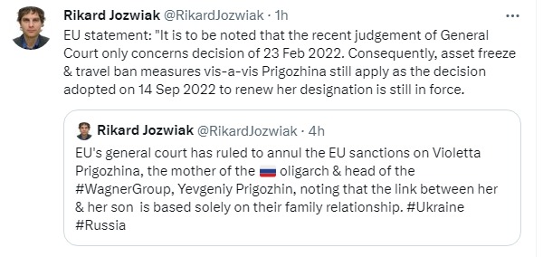 Скриншот из Твиттера Рикарда Йозвяка