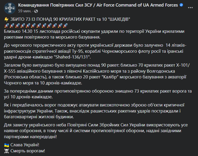 Обстрелы Украины 15 ноября - данные ВСУ