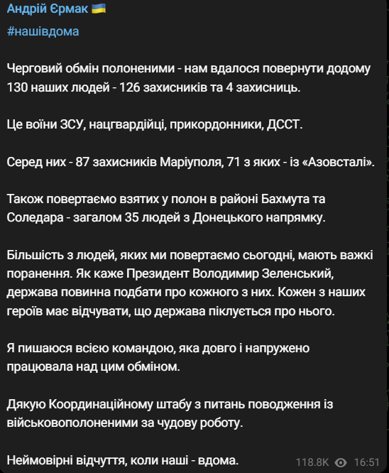 Украина вернула 130 военнослужащих