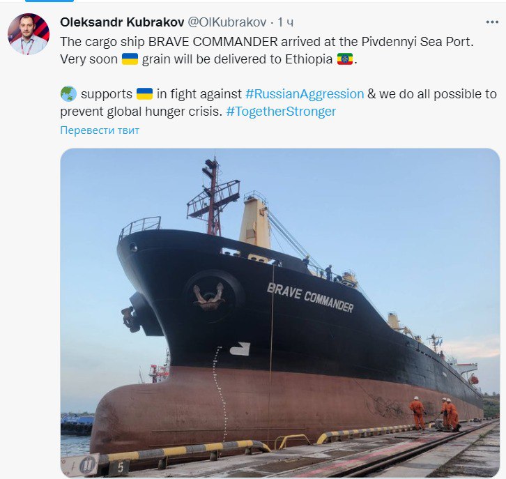 В порту "Южный" пришвартовалось судно для отправки зерна в Эфиопию