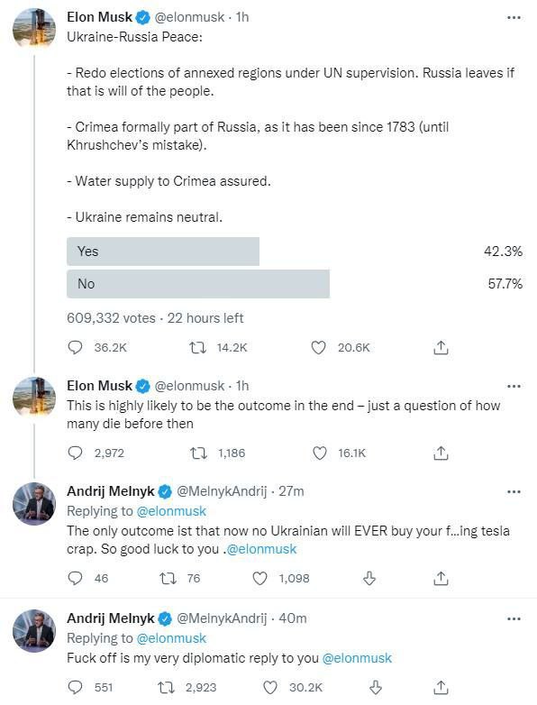 Экс-посол Украины в Германии Андрей Мельник продолжил отвечать Илону Маску