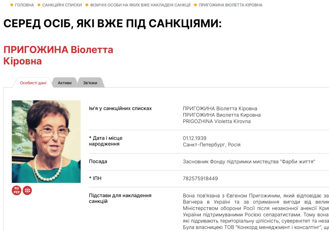 Санкции против Пригожиной в Украине