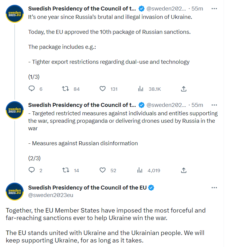 Швеция рассказала о санкциях ЕС против России