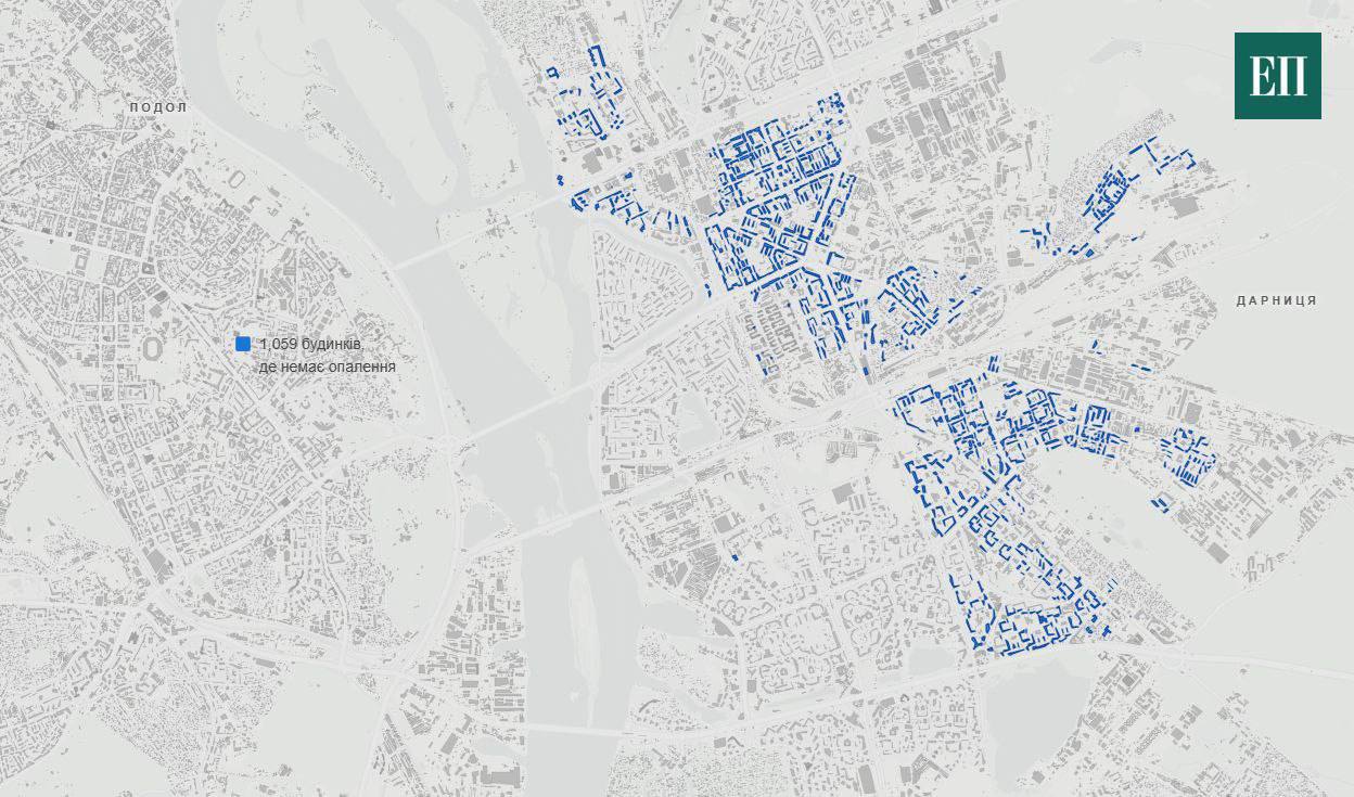 Карта Киев - сколько домов на левом берегу останется без тепла как минимум два месяца из-за разрушения Дарницкой ТЭС