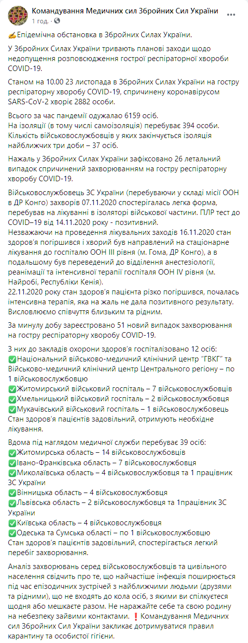 В ВСУ от коронавируса умер боец, который служил в Конго. Скриншот: facebook.com/Ukrmilitarymedic