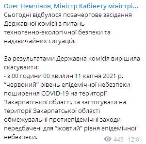 Закарпатская область ослабляет карантин. Скриншот: t.me/nemchinovoleh