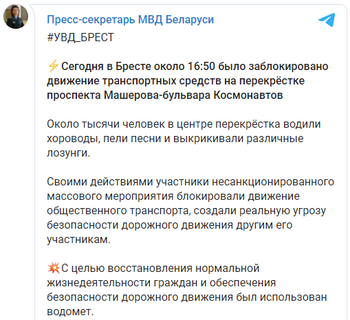"Водили хороводы, пели песни". В МВД Беларуси объяснили, зачем применили водометы против протестующих в Бресте. Скриншот: МВД Беларуси в Телеграм
