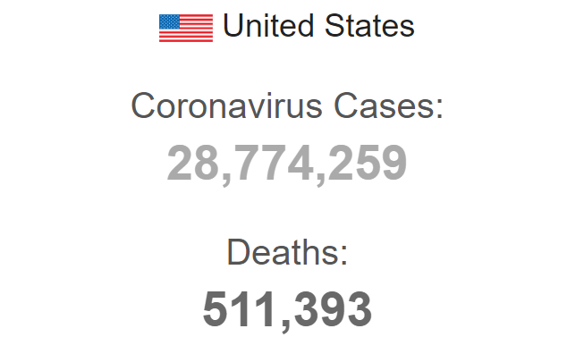 Байден объявил пятидневный траур по 500 тысячам погибшим от Covid-19 американцам. Скриншот: Ворлдомитер