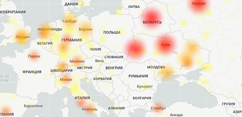 В работе мессенджера Telegram произошел сбой. Карта: Downdetector