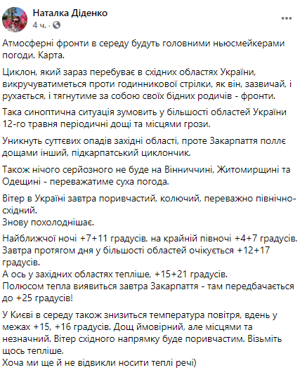 На Украину надвигается атмосферный фронт. Он принесет дожди и похолодание в среду