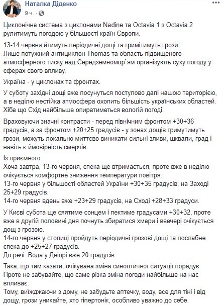 Тепло и свежесть. Синоптик Наталья Диденко составила прогноз погоду на выходные в Украине