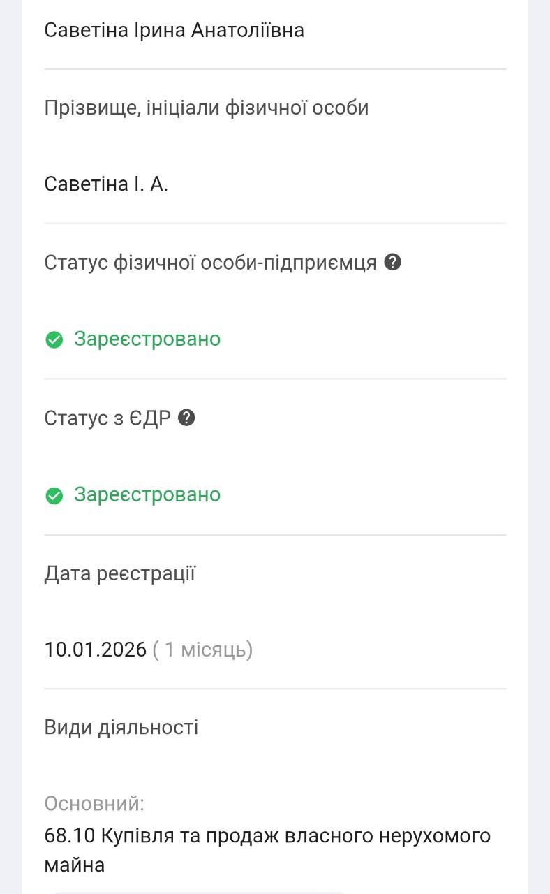 Знімок інформації про ФОП із відкритих джерел