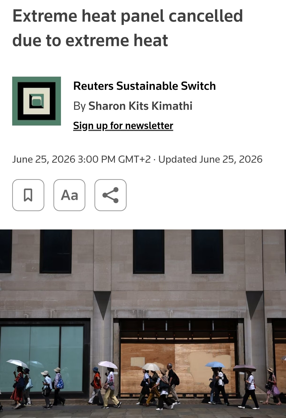 Снимок заголовка на reuters.com – В Лондоне отменили конференцию по жаре из-за жары
