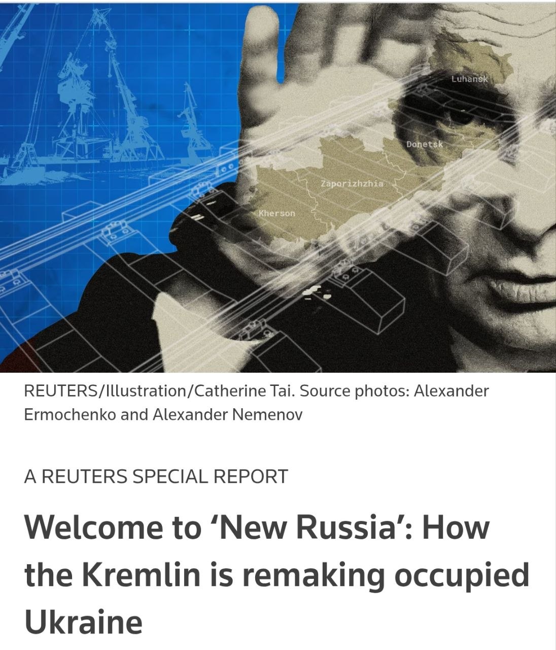 Знімок заголовка на reuters.com – Росія веде масштабні роботи на окупованих територіях України