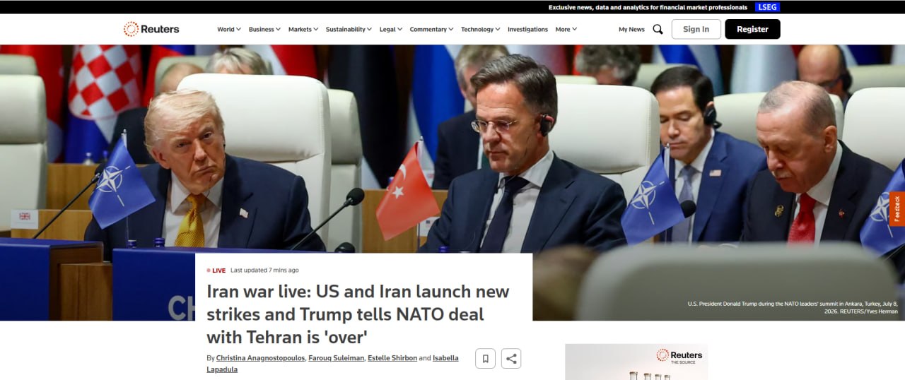Снимок заголовка на reuters.com &ndash; Иран угрожает полностью закрыть Ормузский пролив