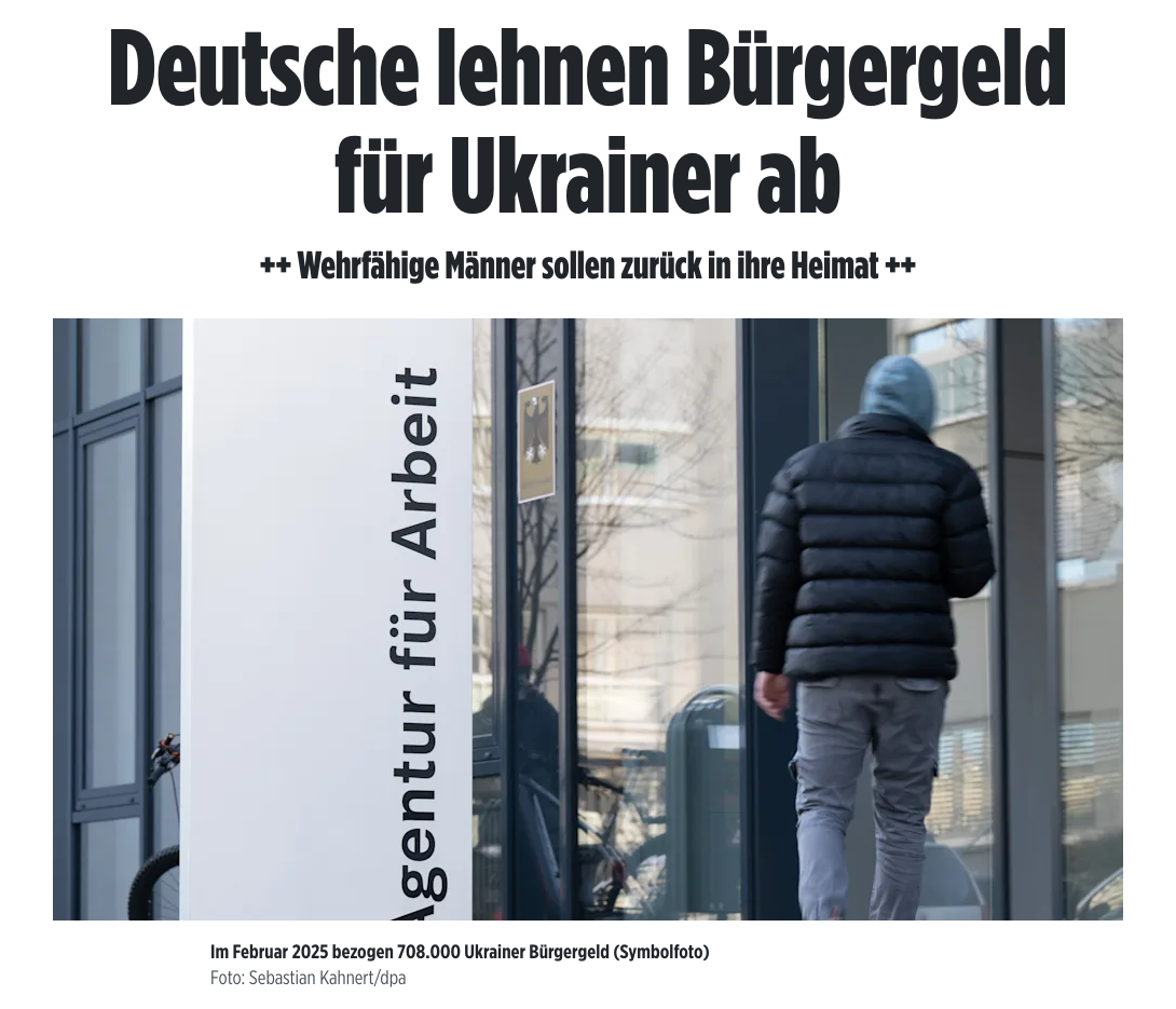 Снимок заголовка на bild.de - Большинство немцев против дальнейших выплат пособия Bürgergeld беженцам из Украины