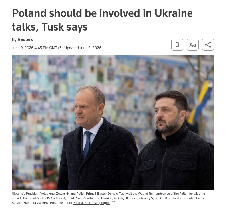 Снимок заголовка на reuters.com – Польша требует место за столом переговоров Украины и России