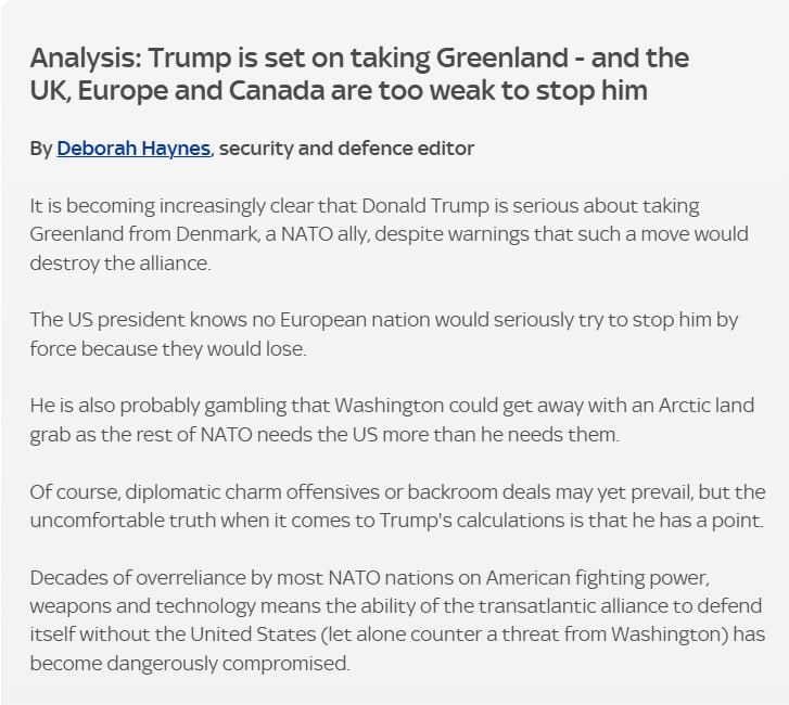 Снимок заголовка на sky.com - Трамп уверен в успешной аннексии Гренландии силами США