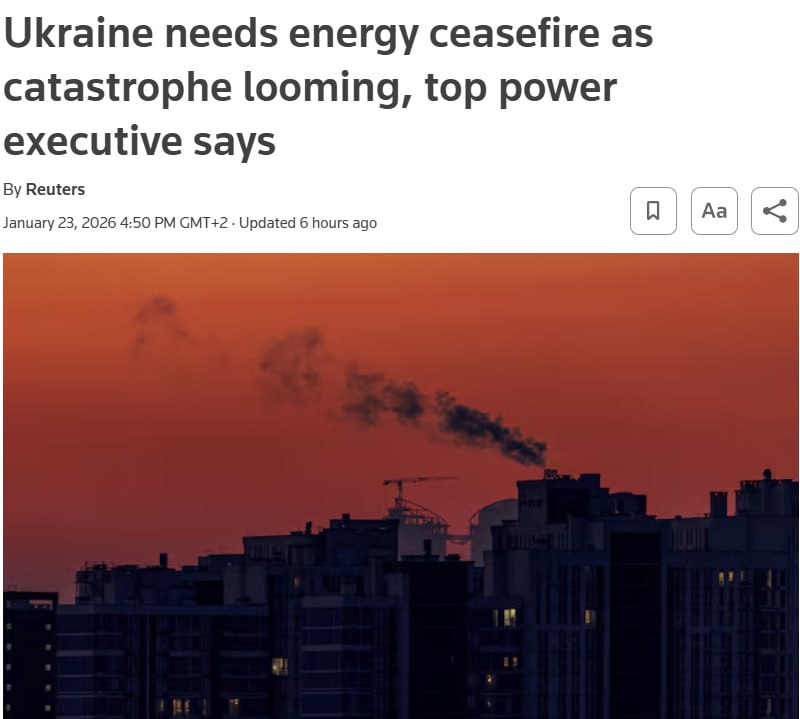 Знімок заголовка reuters.com - Після ударів РФ по енергосистемі Україна перебуває на межі гуманітарної катастрофи